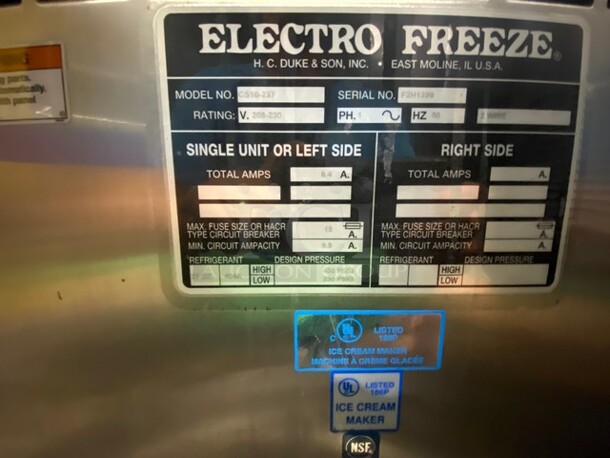 Electro Freeze 3 Handle Counter Top Soft Serve Ice Cream Machine! All Stainless Steel! Model: CS10237 SN: F2H1399 208/230V 60HZ 1 Phase - Image 7 of 9