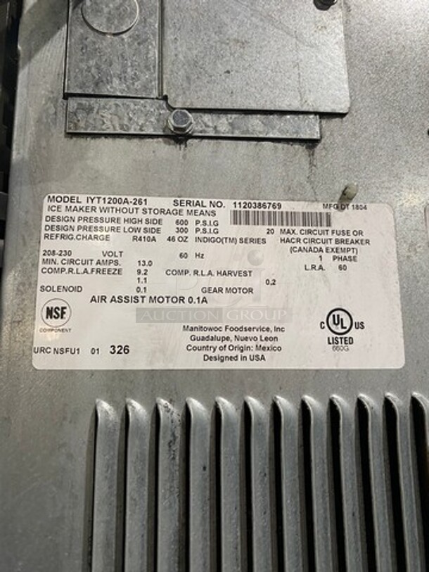 Manitowoc Commercial Ice Maker Machine! With Commercial Ice Bin! All Stainless Steel! On Legs! Model: IYT1200A261 SN: 1120386769! 208/230V 60HZ 1 Phase! - Image 5 of 7