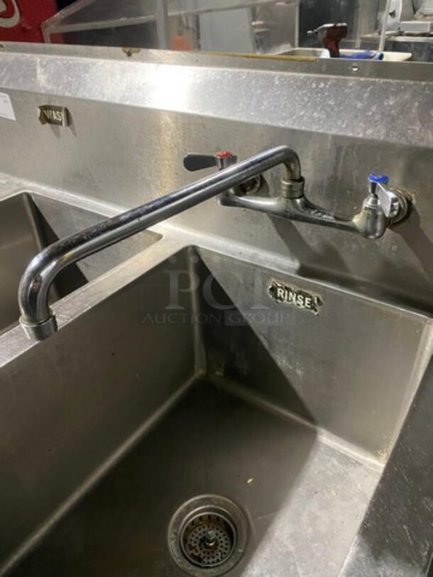 WOW ! SSP All Stainless Steel HEAVY GAGE Commercial 3 Compartment Dish Washing Sink! With Dual Side Drain Board! With Faucet And Handles! With Back Splash! All Stainless Steel! On Legs! - Image 6 of 12