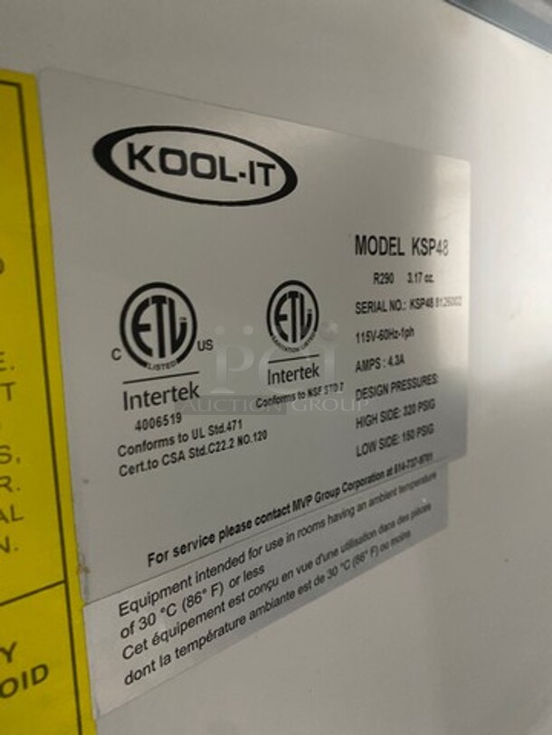 Kool It Commercial Refrigerated Mega Top Sandwich Prep Table! With 2 Door Underneath Storage Space! All Stainless Steel! Model: KSP48 SN: KSP488126002 115V 60HZ 1 Phase - Image 7 of 9