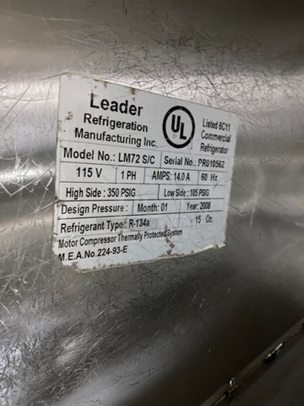 Leader Commercial Refrigerated Sandwich Prep Table! With Back Splash! With 3 Door Storage Space Underneath! Poly Coated Racks! All Stainless Steel! On Casters! Model: LM72S/C SN: PR010562 115V 60HZ 1 Phase - Image 8 of 10
