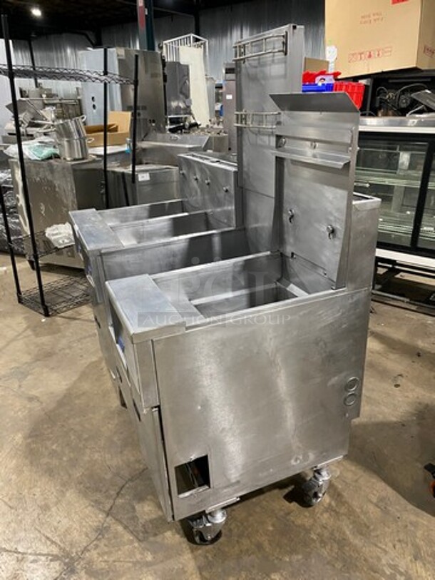 FAB! Pitco Frialator Commercial Natural Gas Powered 3 Bay Deep Fat Fryer! With Middle Fryer Basket Rack! With Oil Filter System! All Stainless Steel! On Casters! Model: SGH50 SN: G09DC011392 - Image 3 of 11