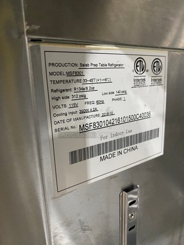 Atosa Commercial Refrigerated Sandwich Prep Table! With Commercial Cutting Board! With Single Door Storage Space! Poly Coated Rack! All Stainless Steel! On Casters! Model: MSF8301 SN: MSF830104216101500C40036 115V 60HZ 1 Phase - Image 7 of 9