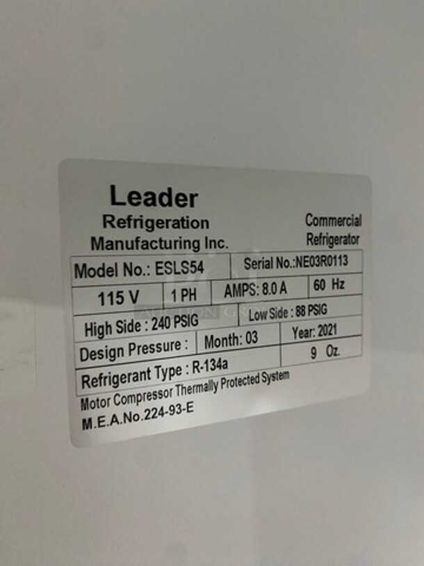 Leader Commercial 2 Door Reach In Cooler Merchandiser! With View Through Doors! MISSING ONE DOOR! Model: ESLS54 SN: NE03R0113 115V 60HZ 1 Phase - Image 7 of 8