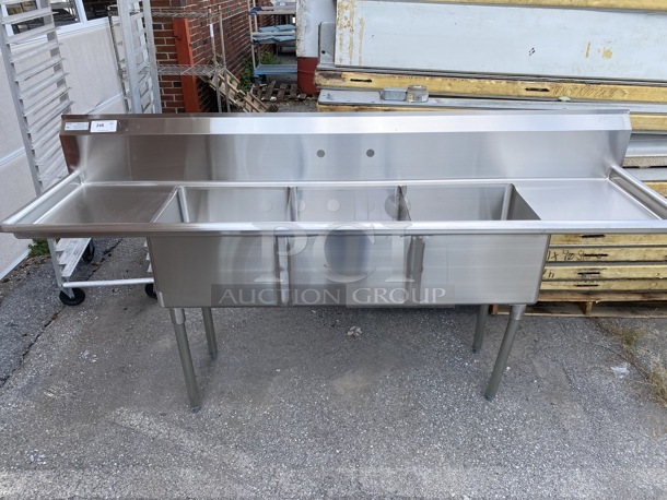 BRAND NEW! Mixrite Model MRSA-3-D Stainless Steel Commercial 3 Bay Sink w/ Dual Drainboards. Comes w/ Legs and Drains. Stock Picture Used For Gallery. 90x24x47. Bays 18x18x11. Drainboards 16x20x1