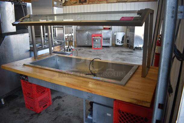 Stainless Steel Commercial Refrigerated Buffet Station Drop In Unit in Wooden Butcher Block Countertop w/ Sneeze Guard and Tabletop Frame. 115 Volts, 1 Phase. 77x36x48. Tested and Working! - Image 1 of 5
