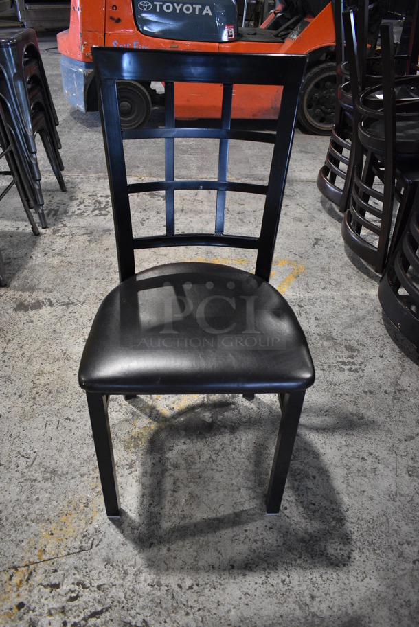 4 Black Wood Pattern Dining Chairs w/ Black Seat Cushion. 16x16x36. 4 Times Your Bid!