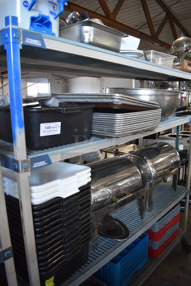 ALL ONE MONEY! Lot of Contents of Shelving Unit Including Metal Bowls, Chafing Dishes, Poly Bins, Bus Bins, Metal Baking Pans and Dish Caddies. Does Not Include Shelving Unit. 