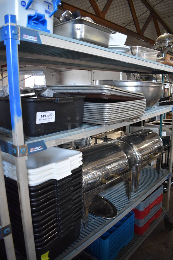 ALL ONE MONEY! Lot of Contents of Shelving Unit Including Metal Bowls, Chafing Dishes, Poly Bins, Bus Bins, Metal Baking Pans and Dish Caddies. Does Not Include Shelving Unit.  - Image 1 of 12