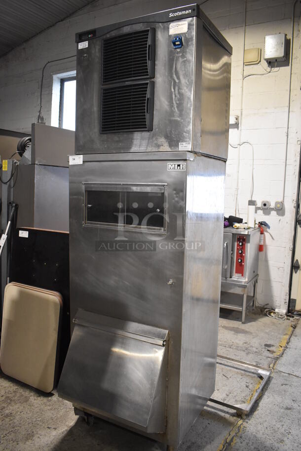 Scotsman C0830SA-32B Stainless Steel Commercial Ice Machine Head on Commercial Bin. 208/230 Volts, 1 Phase. 30x36x99