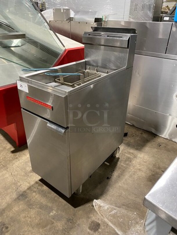 American Range Commercial Natural Gas Powered Deep Fat Fryer! With 2 Metal Frying Baskets! With Backsplash! All Stainless Steel! On Legs! Model: AF50HE SN: 211020FO351 - Image 2 of 11