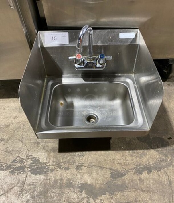 Commercial Hand Sink! With Back And Side Splashes! With Faucet And Handles! All Stainless Steel! - Image 1 of 7