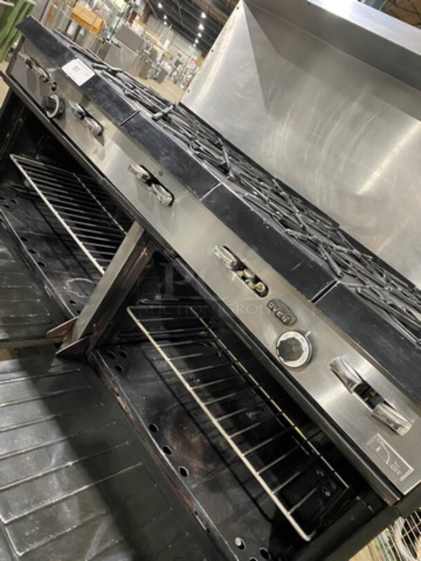 AMAZING FIND! Garland Natural Gas Powered 10 Burner Stove! With 2 Full-Sized Ovens! With Metal Oven Racks! With Raised Back Splash & Salamander Shelf! Stainless Steel! On Casters! - Image 9 of 11