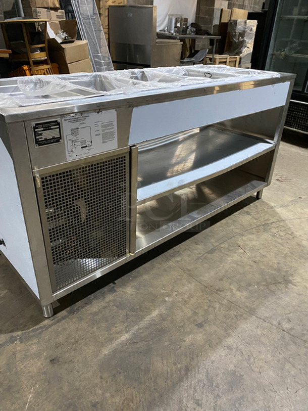 NEW! NEVER USED! Bayonne Commerical 5 Bay Cold Pan/Cold Food Buffet Counter! With Folding Serving Counter! With 2 Shelf Storage Underneath! All Stainless Steel! On Legs! Model: CPM-72 SN:7195 120V 60HZ 1 Phase! - Image 4 of 11