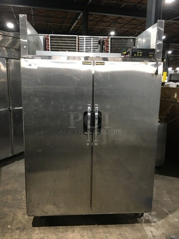 COOL! Sanyo Commercial 2 Door Reach In Freezer! With Poly Coated Racks! Solid Stainless Steel! On Casters! Model: SRF49FD SN: KJ00001773B 115V 60HZ 1 Phase