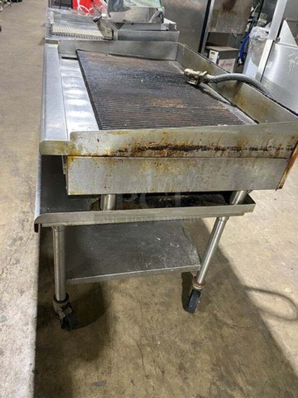 Imperial Commercial Natural Gas Powered Countertop Grill! With Grooved Grill! With Back And Side Splashes! On Legs! On Equipment Stand! With Storage Space Underneath! All Stainless Steel! On Casters! WORKING WHEN REMOVED! Model: IGG48 - Image 2 of 11