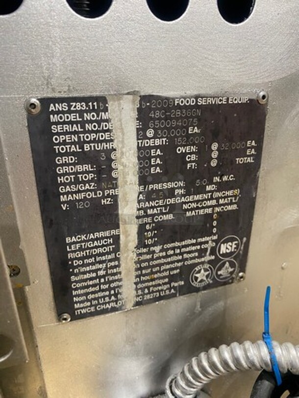 WOW! Vulcan Commercial Natural Gas Powered Flat Top Griddle With 2 Burner! Flat Griddle Has Side Splashes! With Raised Back Splash And Salamander Shelf! With Oven Underneath! All Stainless Steel! On Casters! Model: 48C2B36GN SN: 650094075 - Image 10 of 11