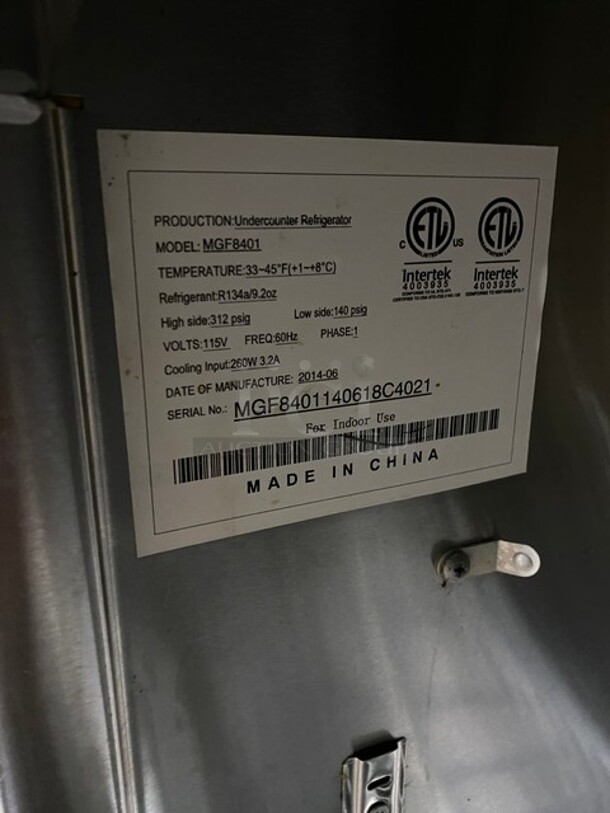 Atosa Commercial Single Door Undercounter Refrigerator! All Stainless Steel! With Poly Coated Rack! 115V 1 Phase! Model: MGF8401 SN: MGF8401140618C4021! - Image 6 of 7