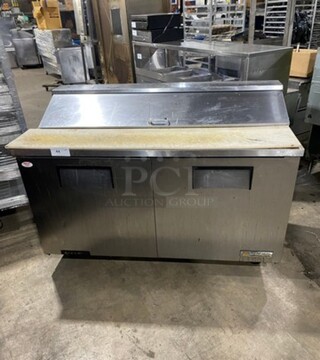 True Commercial Refrigerated Sandwich Prep Table! With Commercial Cutting Board! With 2 Door Underneath Storage Space! All Stainless Steel! On Casters! Model: TSSU6016 SN: 13826602 115V 60HZ 1 Phase
