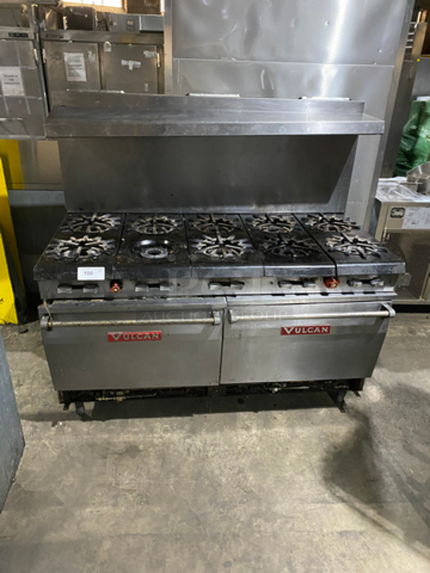 Vulcan Commercial Natural Gas Powered 10 Burner Stove! With 2 Full Size Oven Underneath! Metal Oven Rack! With Raised Back Splash And Salamander Shelf! All Stainless Steel!