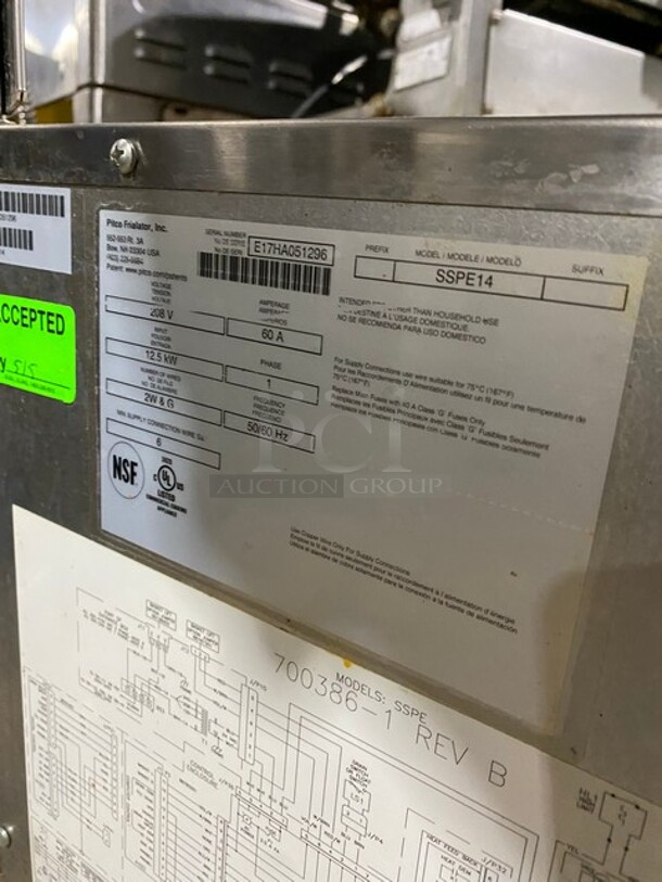 Late Model! 2017 Pitco Solstice Supreme Stainless Steel Commercial Floor Style Pasta Cooker With Digital Control! On Legs! Working When Removed! MODEL SSPE14 SN:E17HA051296 208V 1PH  - Image 7 of 9