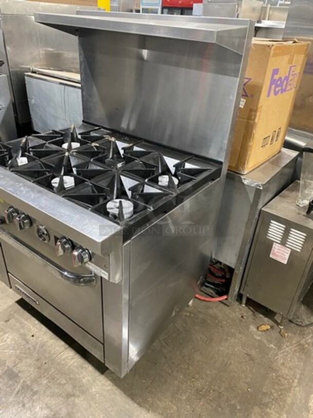 WOW! Late Model! Southbend Commercial Natural Gas Powered 6 Burner Stove! With Raised Back Splash And Salamander Shelf! With Oven Underneath! All Stainless Steel! On Legs! Model: S36D SN: 14L05400! Working When Removed! - Image 2 of 9