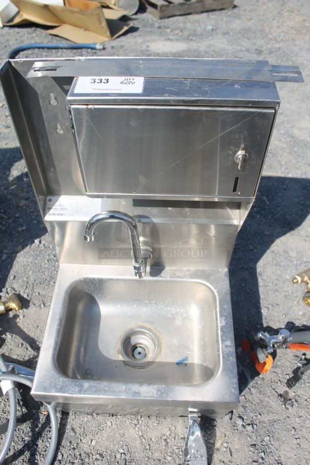 BRAND NEW! Advance Tabco Stainless Steel Commercial Single Bay Wall Mount Sink w/ Faucet and Cabinet. - Image 1 of 12