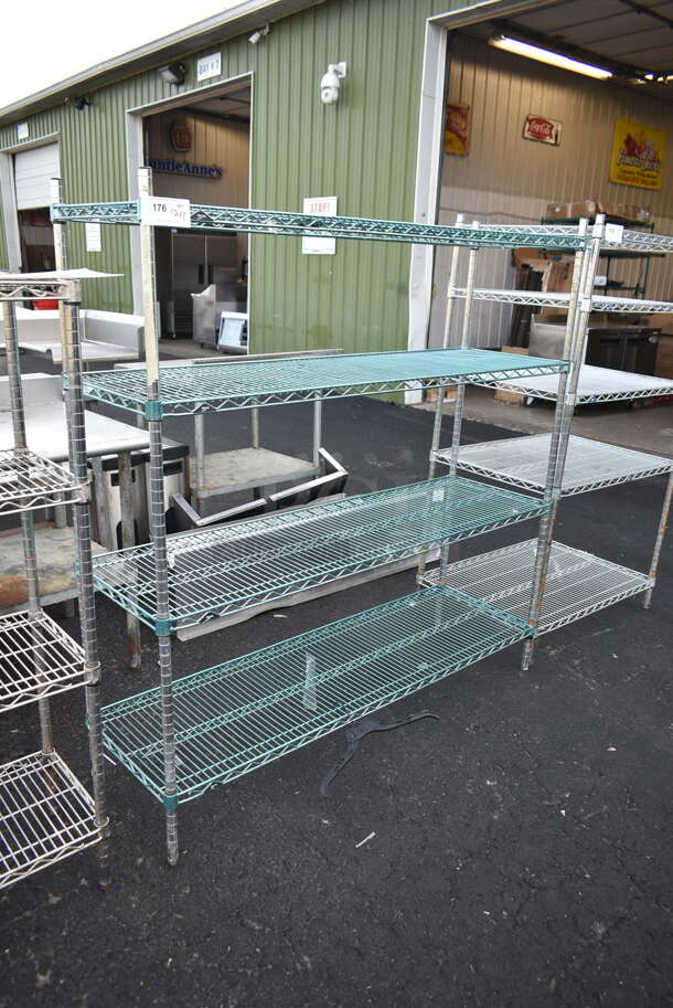 Metro Green and Chrome Finish 4 Tier Wire Shelving Unit. BUYER MUST DISMANTLE. PCI CANNOT DISMANTLE FOR SHIPPING. PLEASE CONSIDER FREIGHT CHARGES. - Image 1 of 2
