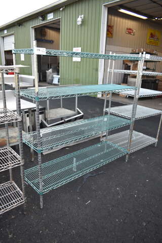 Metro Green and Chrome Finish 4 Tier Wire Shelving Unit. BUYER MUST DISMANTLE. PCI CANNOT DISMANTLE FOR SHIPPING. PLEASE CONSIDER FREIGHT CHARGES.