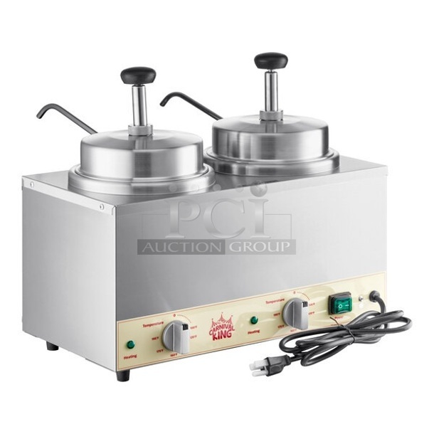 BRAND NEW SCRATCH AND DENT! Carnival King RWS35DBL Stainless Steel Commercial Double 3.5 Qt. Warmer with 2 Pumps. 120 Volts, 1 Phase. Tested and Working!