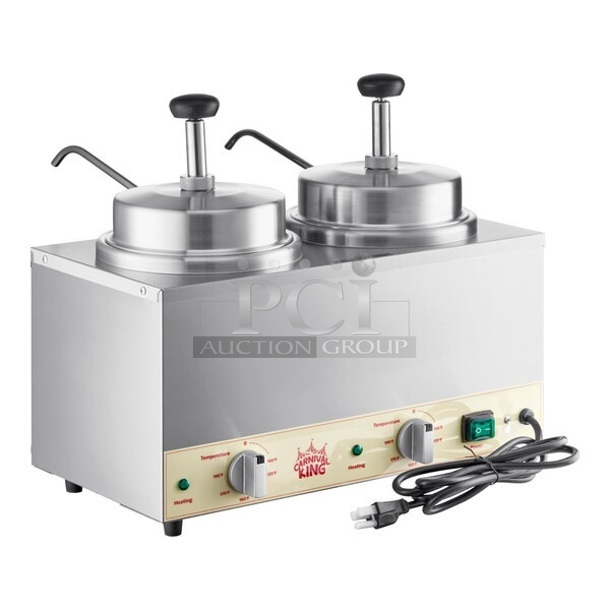 BRAND NEW SCRATCH AND DENT! Carnival King RWS35DBL Stainless Steel Commercial Double 3.5 Qt. Warmer with 2 Pumps. 120 Volts, 1 Phase. Tested and Working! - Image 1 of 6