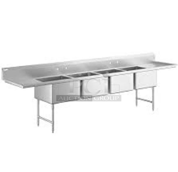 BRAND NEW SCRATCH AND DENT! Regency 600S42424224 Stainless Steel 4 Bay Sink w/ Dual Drain Board. No Legs. Bays 24x24x13.5. Drain Boards 22.5x25.5