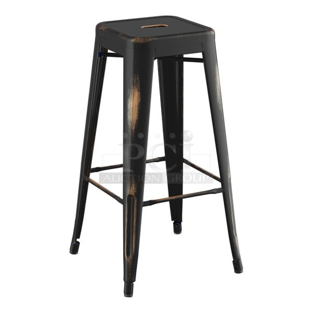 24 BRAND NEW SCRATCH AND DENT! Lancaster Table & Seating 164BMBKLSCPD Alloy Series Distressed Copper Outdoor Backless Barstool w/ 164CUSHAL BBK Indoor Barstool Black Vinyl Cushion. 24 Times Your Bid!