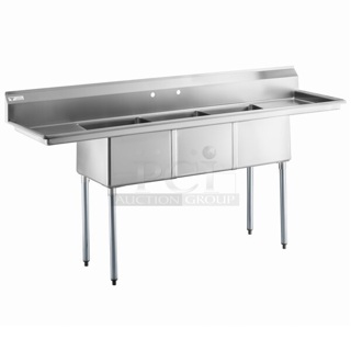 BRAND NEW SCRATCH AND DENT! Steelton 522CS31818LR 90" 18-Gauge Stainless Steel Three Compartment Commercial Sink with 2 Drainboards - 18" x 18" x 12" Bowls`

