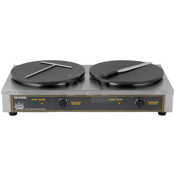 BRAND NEW SCRATCH AND DENT! 2023 Carnival King 382TCM16DBL Stainless Steel Commercial Countertop 16" Dual Non-Stick Crepe Maker. 208-240 Volts, 1 Phase. Tested and Working! - Image 1 of 6