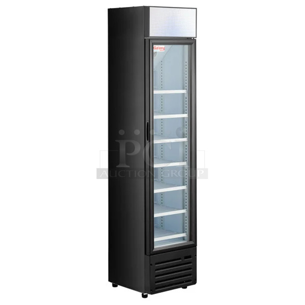 BRAND NEW SCRATCH AND DENT! Galaxy 177GDN5RBB Metal Commercial Single Door Reach In Cooler Merchandiser w/ Poly Coated Racks. 110-120 Volts, 1 Phase. Cannot Test Due To Cut Power Cord