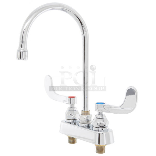 BRAND NEW SCRATCH AND DENT! T&S B-1141-04 Deck Mount Workboard Faucet with 4" Centers, 5 3/4" Gooseneck Spout, 4" Wrist Action Handles, Escutcheon, and Tailpieces - Image 1 of 5