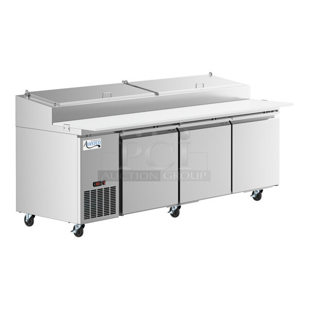 BRAND NEW SCRATCH AND DENT! 2023 Avantco 178SSPPT3 Stainless Steel Commercial Pizza Prep Table on Commercial Casters. 115 Volts, 1 Phase. Tested and Working!