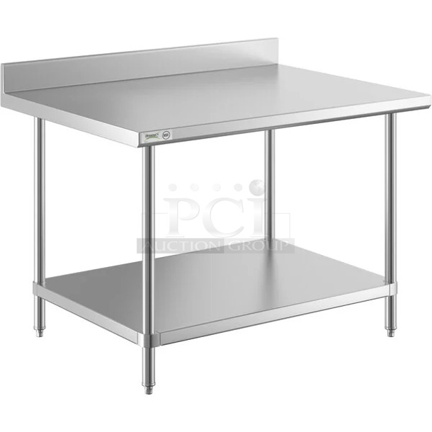 BRAND NEW SCRATCH AND DENT! Regency 600TSB3648S 36" x 48" 16 Gauge Stainless Steel Commercial Work Table with 4" Backsplash and Undershelf - Image 1 of 2