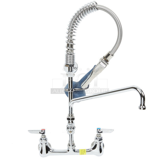 BRAND NEW SCRATCH AND DENT! T&S MPR-8WLN-12 EasyInstall Wall Mounted 22 1/8" High Mini Pre-Rinse Faucet with Adjustable 8" Centers, 1.07 GPM Ergonomic Spray Valve, 24" Hose, 12" Add-On Faucet, and 6" Wall Bracket  - Image 1 of 2
