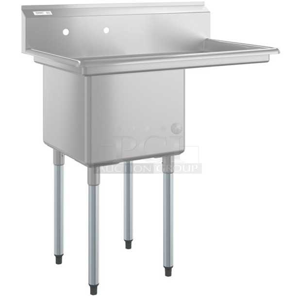 BRAND NEW SCRATCH AND DENT! Regency 600S1181818R Stainless Steel Single Bay Sink w/ Right Side Drain Board. Bay 17x13. Drain Board 16x20. Comes w/ 454394718 Sink Floor Fan. No Legs.  - Image 1 of 9
