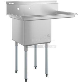 BRAND NEW SCRATCH AND DENT! Regency 600S1181818R Stainless Steel Single Bay Sink w/ Right Side Drain Board. Bay 17x13. Drain Board 16x20. Comes w/ 454394718 Sink Floor Fan. No Legs. 
