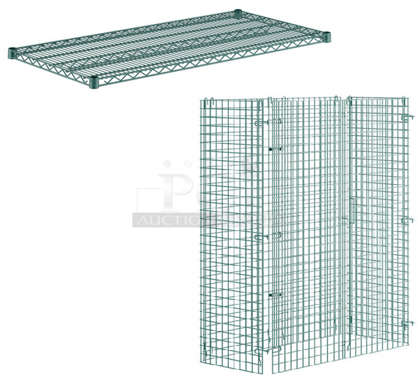 2 BRAND NEW SCRATCH AND DENT! Items; Box of 4 Regency 461EG2448 24" x 48" NSF Green Epoxy Wire Shelf and Regency 460EGSC2448 NSF Green Wire Security Cage - 24" x 48" x 61". 2 Times Your Bid! May Be Missing Pieces. - Image 1 of 3