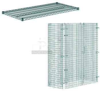 2 BRAND NEW SCRATCH AND DENT! Items; Box of 4 Regency 461EG2448 24" x 48" NSF Green Epoxy Wire Shelf and Regency 460EGSC2448 NSF Green Wire Security Cage - 24" x 48" x 61". 2 Times Your Bid! May Be Missing Pieces.