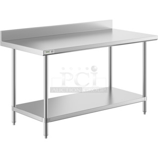 BRAND NEW SCRATCH AND DENT! Regency 600TSB3060S 30" x 60" 16-Gauge Stainless Steel Commercial Work Table with 4" Backsplash and Undershelf. May Be Missing Pieces.