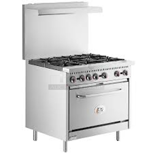 BRAND NEW SCRATCH AND DENT! Cooking Performance Group CPG 351CO36N Stainless Steel Commercial Combi Gas; Natural or Propane Gas Powered 6 Burner Range w/ Convection Oven, Over Shelf and Back Splash. 212,000 BTU.  - Image 1 of 7