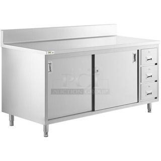 BRAND NEW SCRATCH AND DENT! Regency 600EBTB3072R 30" x 72" 16 Gauge Type 304 Stainless Steel Enclosed Base Sliding Door Table with Drawers and 6" Backsplash