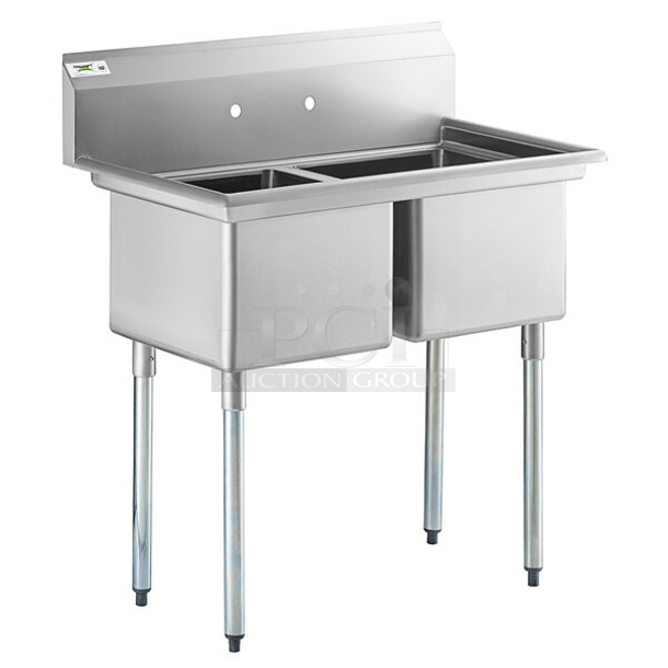BRAND NEW SCRATCH AND DENT! Regency 600S21717 41" 16-Gauge Stainless Steel Two Compartment Commercial Sink with Galvanized Steel Legs and without Drainboards - 17" x 17" x 12" Bowls. No Legs.  - Image 1 of 6