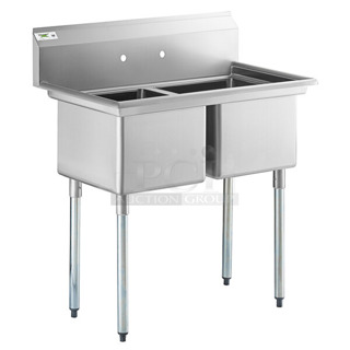 BRAND NEW SCRATCH AND DENT! Regency 600S21717 41" 16-Gauge Stainless Steel Two Compartment Commercial Sink with Galvanized Steel Legs and without Drainboards - 17" x 17" x 12" Bowls. No Legs. 
