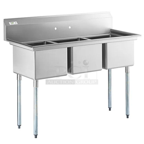 BRAND NEW SCRATCH AND DENT! Regency 600S31717 60" 16 Gauge Stainless Steel Three-Compartment Commercial Sink with Galvanized Steel Legs - 17" x 17" x 12" Bowls. No Legs.  - Image 1 of 7